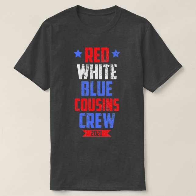 Camiseta Tripulação de Primo Azul Branco Vermelho, 4 de jul (Frente do Design)