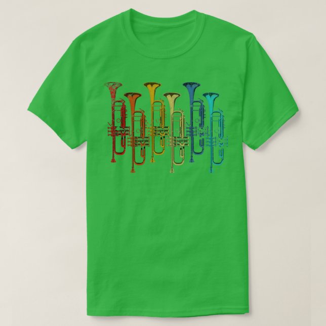 Camiseta Trompete Colorido Retro Jazz Musical Trumpeter (Frente do Design)