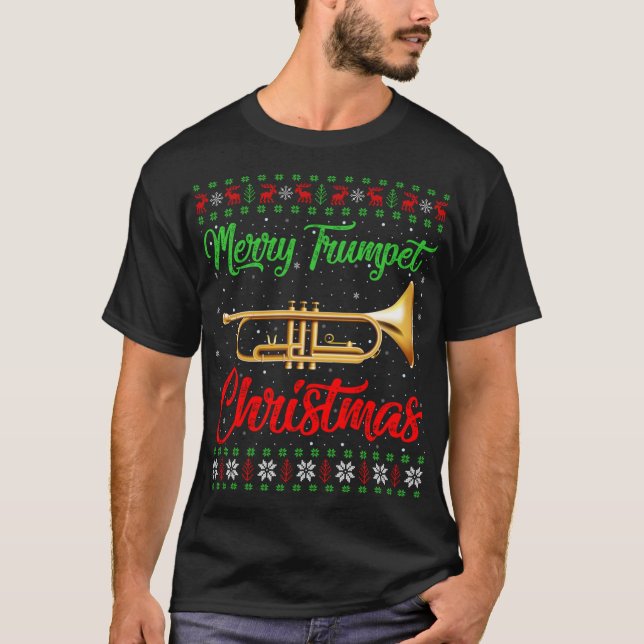 Camiseta Trompete Music Lover Xmas Gift Ugly Trumpet Natal (Frente)