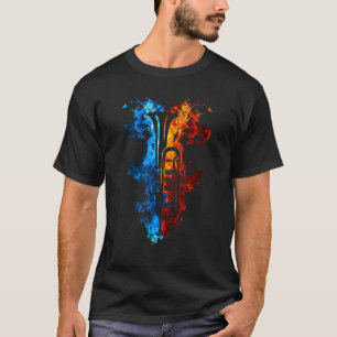 Camiseta Trompete Vermelho Azul Fogo Instrumento Musical Fo