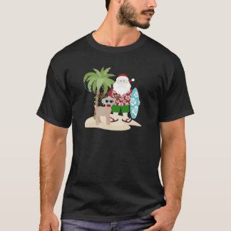 Camiseta Tropical Beach Santa with Surfboard and Reindeer