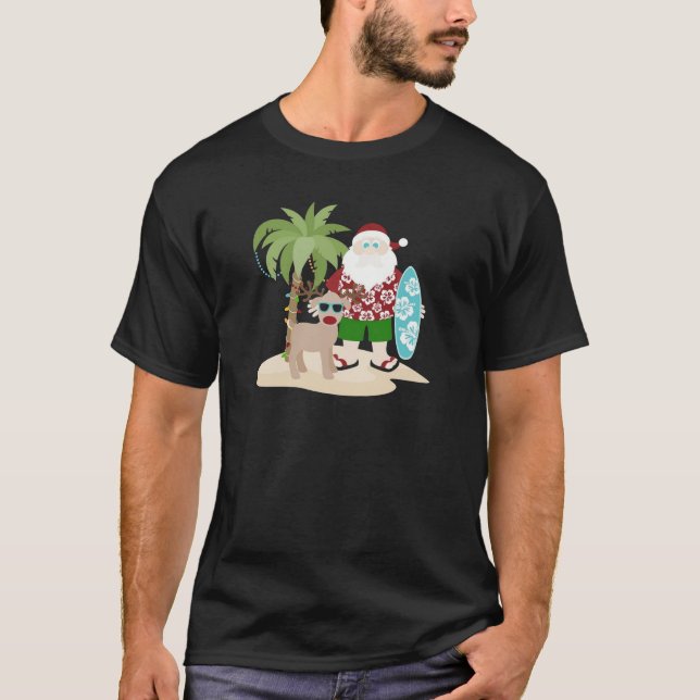 Camiseta Tropical Beach Santa with Surfboard and Reindeer (Frente)