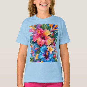 Camiseta Tropical Colorido Padrão Floral de Hibisco Meninas