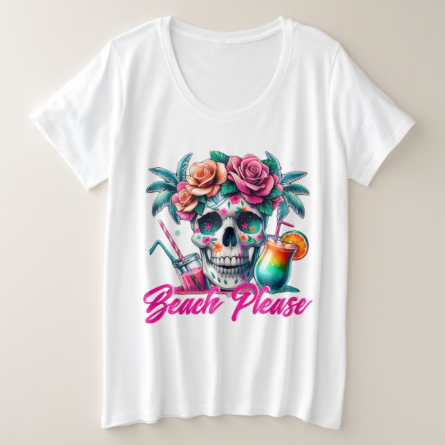 Camiseta Tropical de Caveira Plus Size Beach Pleas (Frente do Design)