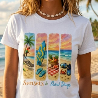 Camiseta Tropical de Praia Sunsets & Slow Days
