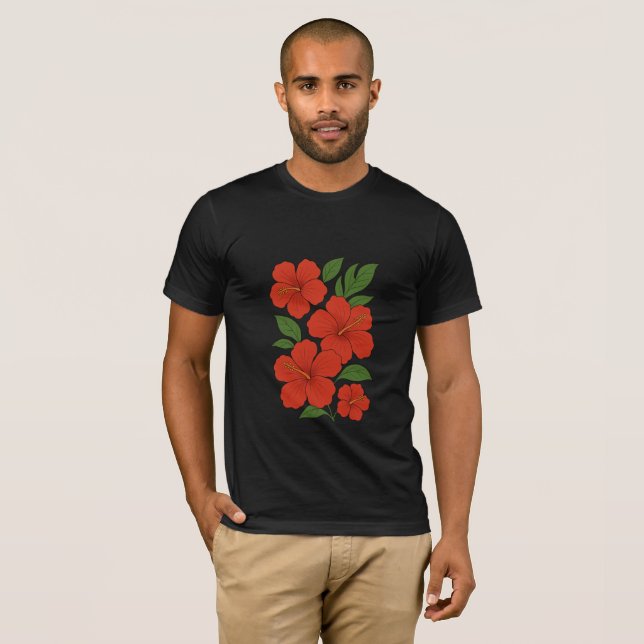 Camiseta Tropical Elegance Red Hibiscus on Black (Frente Completa)