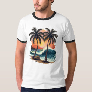 Camiseta Tropical Monterey Beach Tattoo Art Design Ringer
