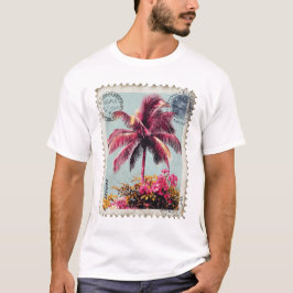 Camiseta Tropical Pink Palm Postage Stamp Vintage Beach T‑S