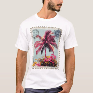 Camiseta Tropical Pink Palm Postage Stamp Vintage Beach T‑S