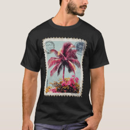 Camiseta Tropical Pink Palm Postage Stamp Vintage Beach T‑S