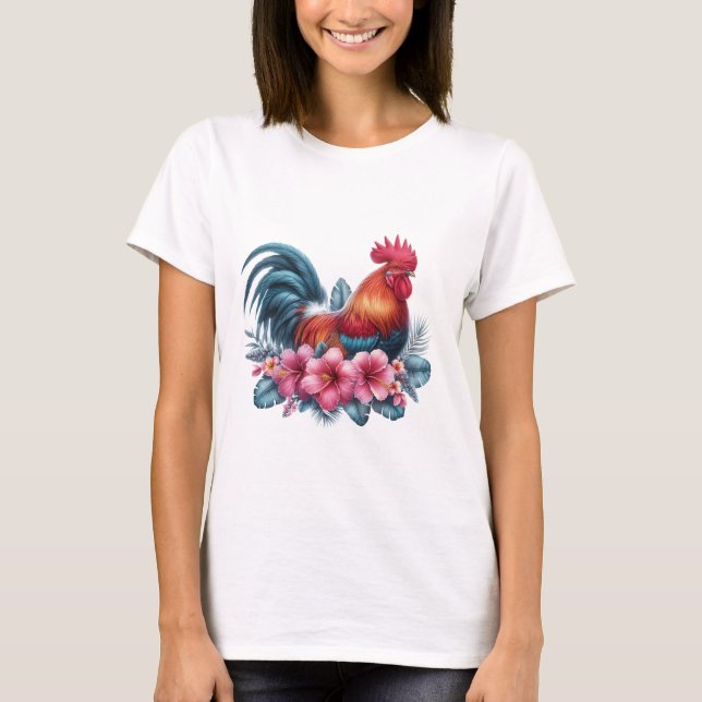 Camiseta Tropical Rooster & Hibiscus Vibrant Farm Animal (Frente)