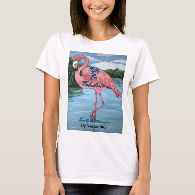 Camiseta Tropical Rosa Flamingo 50º Fabuloso Aniversário (Frente)