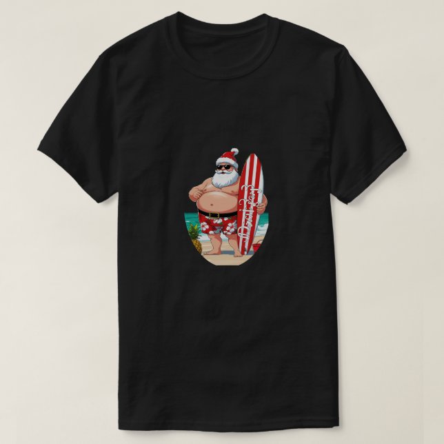 Camiseta Tropical Santa Christmas – Surfing Holiday Beach D (Frente do Design)