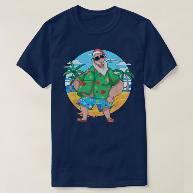Camiseta Tropical Summer Santa Claus Palm Árvores Natal I (Frente do Design)