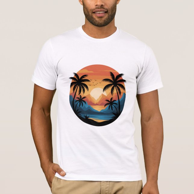 Camiseta Tropical Sunset Landscape with Palm Trees and Moun (Frente)