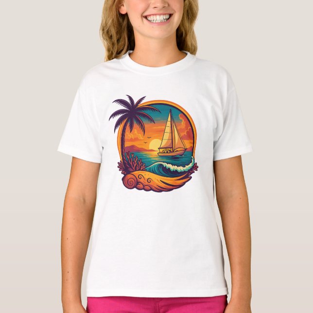 Camiseta Tropical Sunset Sailboat Girl's T-Shirt (Frente)