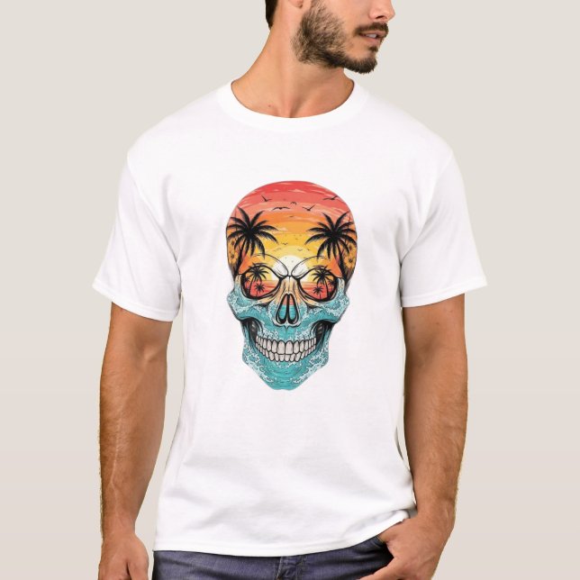 Camiseta Tropical Sunset Skull | Beach Palm Tree Ocean Wave (Frente)