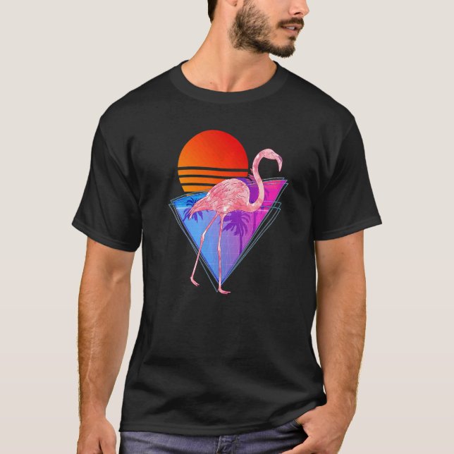 Camiseta Tropical Vaporwave Retro Palm Trees Pássaros Rosa  (Frente)