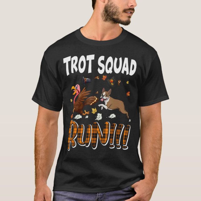 Camiseta Trot Squad Running Xadrez Boston Terrier Com Turke (Frente)