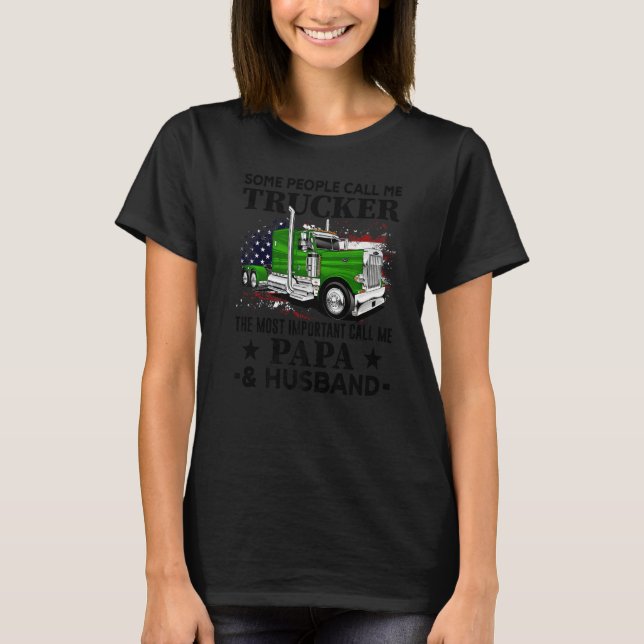 Camiseta Trucker Papa And Husband Truck Driver US Flag (Frente)