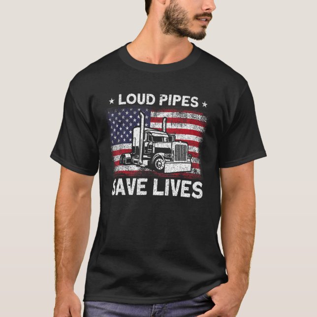 Camiseta Trucker Truck Driver American Flag Loud Pipes Save (Frente)