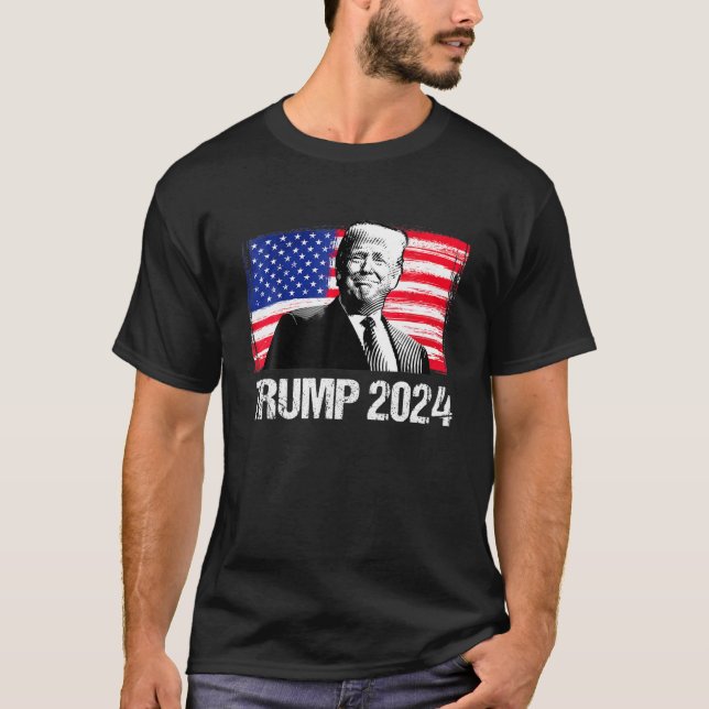 Camiseta Trump 2024 EUA: Campanha de Bandeira Reelege Presi (Frente)
