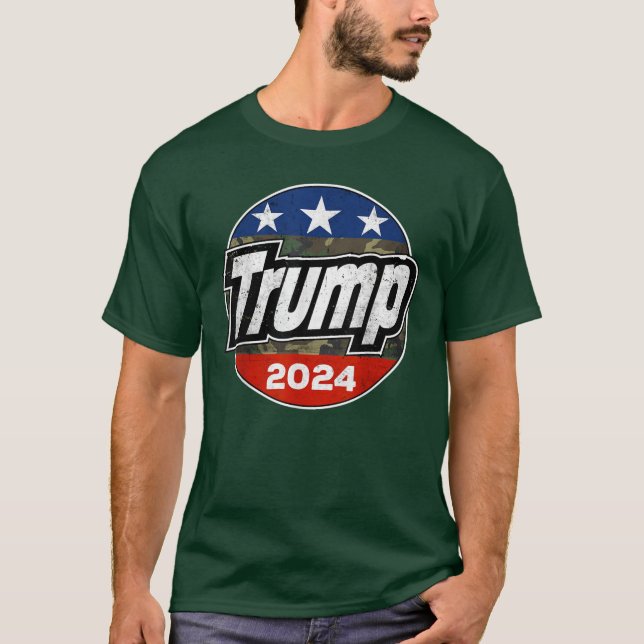Camiseta Trump 2024 Para O Botão Retro Camouflage (Frente)