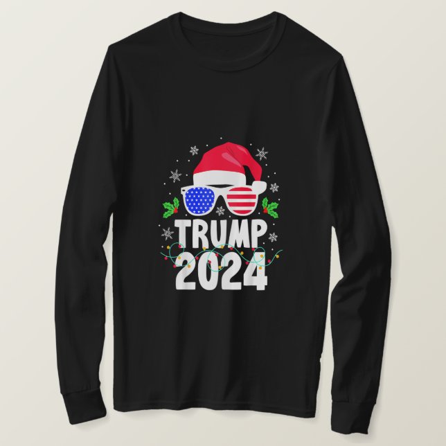 Camiseta Trump 2024 Santa Hat Xmas Luz de Natal Engraçado (Frente do Design)
