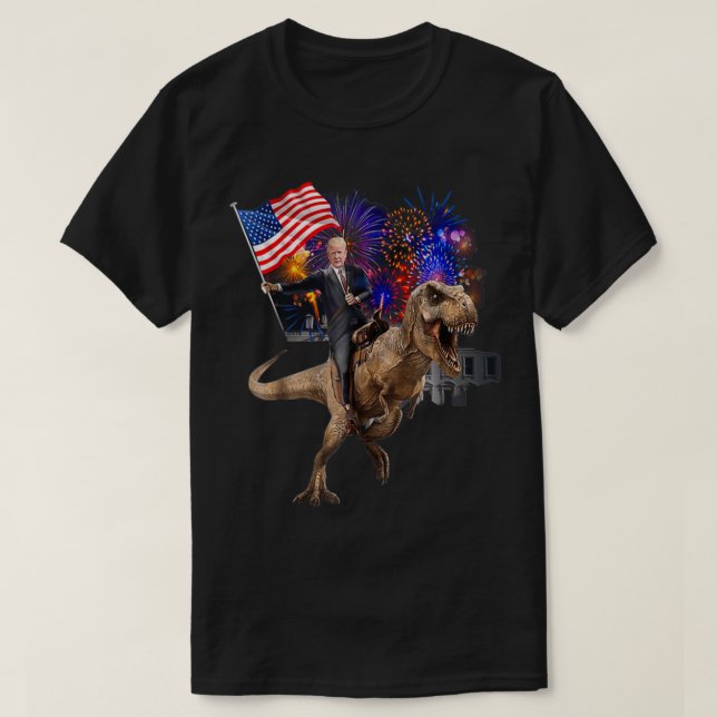 Camiseta Trump dirigindo um dinossauro Tre Support Trump 20 (Frente do Design)