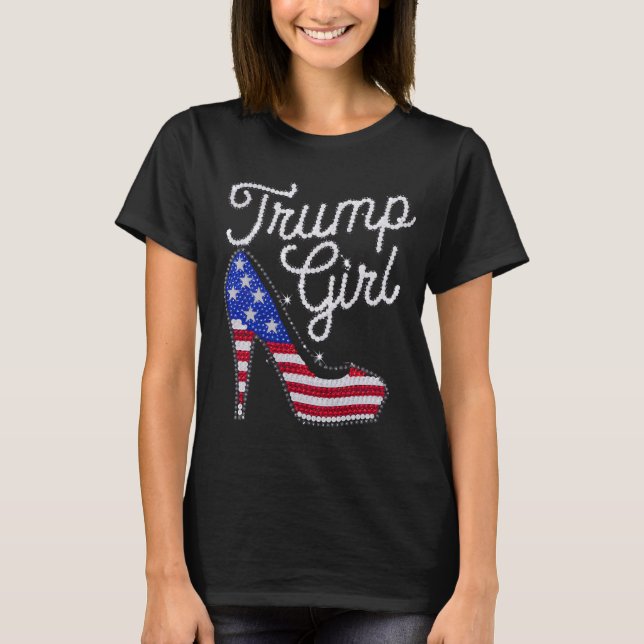 Camiseta Trump Girl High Heel American Flag Bling Patriot (Frente)