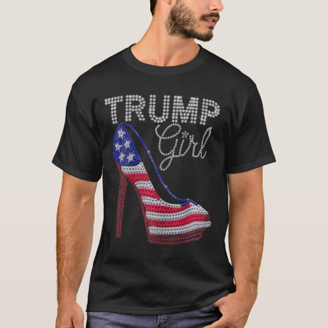 Camiseta Trump Girl Stilettos High Heel American Flag Bling (Frente)