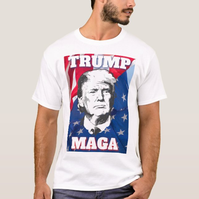 Camiseta TRUMP MAGA com pano de fundo de bandeira americano (Frente)