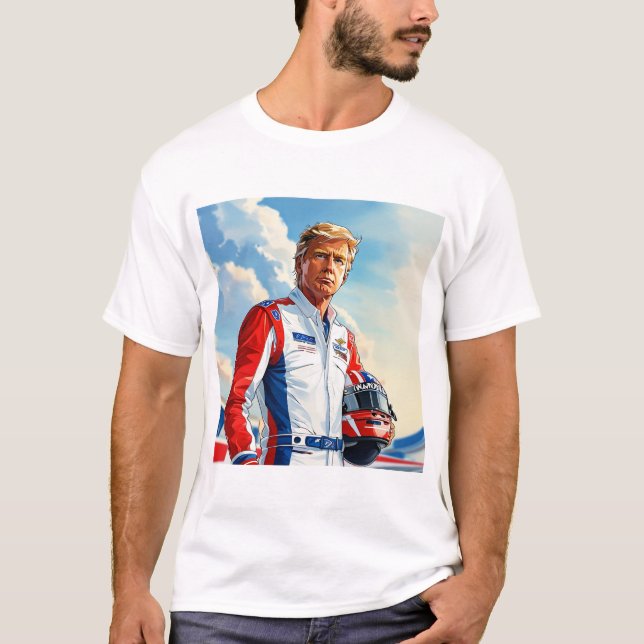 Camiseta Trump Racing Car Driver w Helmet NASCAR MAGA (Frente)