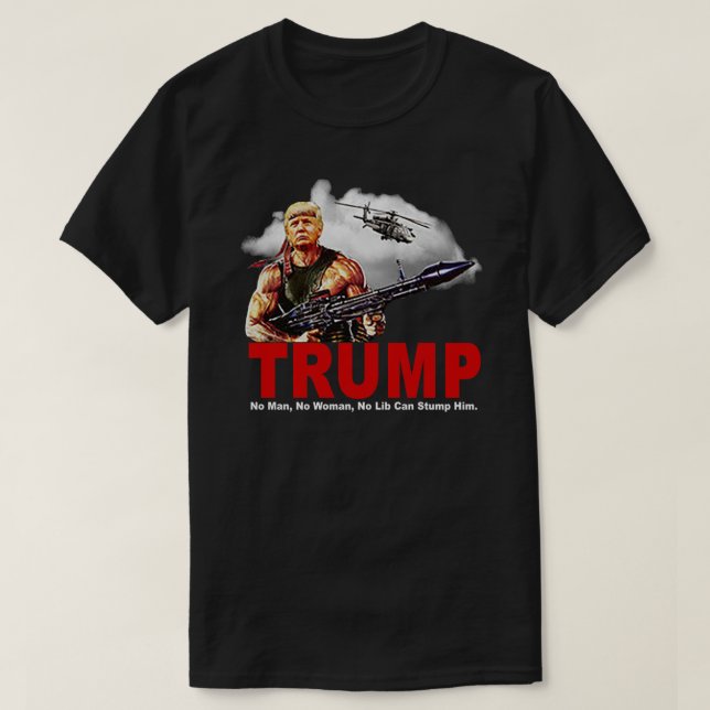 Camiseta Trump Rambo América Republicana Humor Patriótico T (Frente do Design)