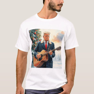 Camiseta Trump tocando violão acústico pela árvore de Natal