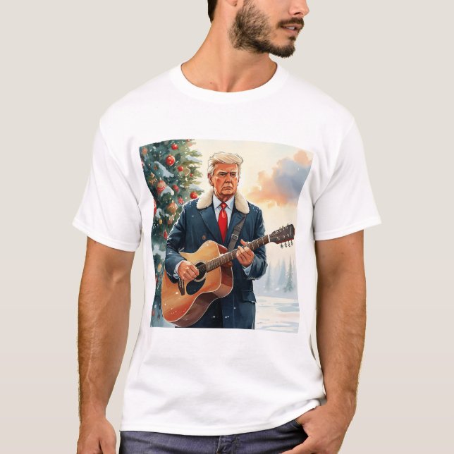 Camiseta Trump tocando violão acústico pela árvore de Natal (Frente)