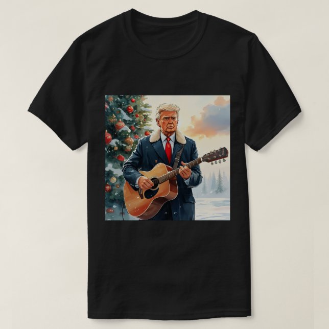 Camiseta Trump tocando violão acústico pela árvore de Natal (Frente do Design)
