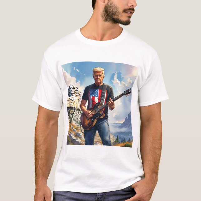 Camiseta Trump Tocando Violão Elétrico Monte Rushmore MAGA (Frente)