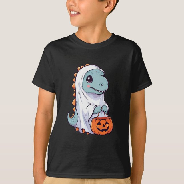 Camiseta Truque de Halloween ou Tratar Dinossauro T-rex Gho (Frente)