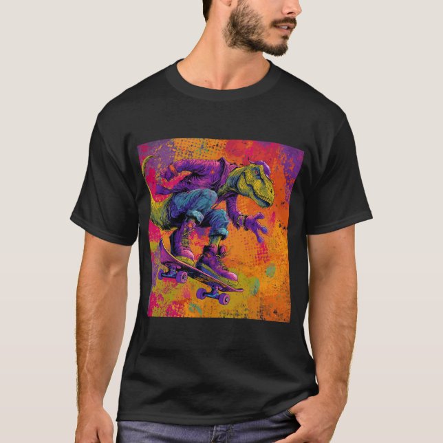 Camiseta Truque de skate do T-Rex com grafite neon (Frente)