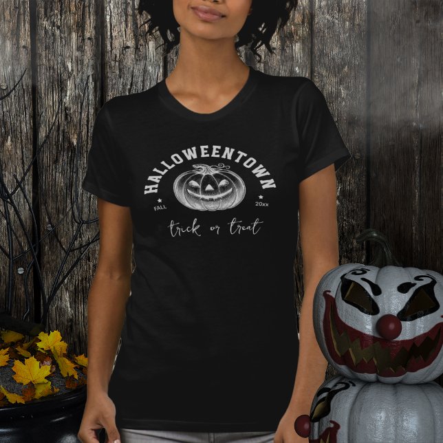 Camiseta Truque Moderno do Halloween ou Tratar Abóbora Pret (Criador carregado)