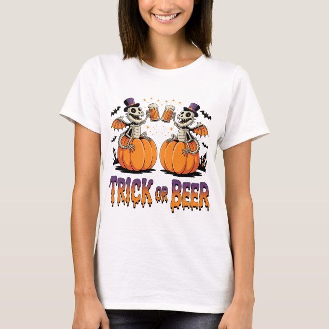 Camiseta Truque ou Beer Skeleton Dragons em Pumpkins (Frente)