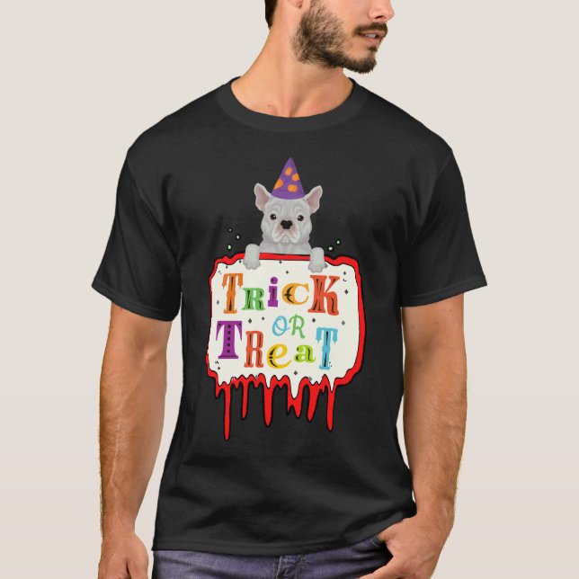 Camiseta Truque Ou Tratamento De Bulldog Francês Halloween (Frente)