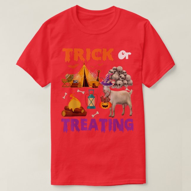 Camiseta Truque Ou Tratamento De Caprinos Halloween Acampan (Frente do Design)