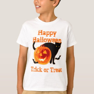 Camiseta truque ou tratamento de gato preto e jack-o-lanter