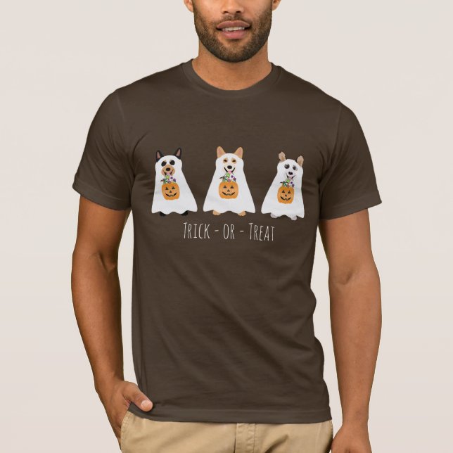 Camiseta Truque Ou Tratar Cães Fantasmas De Corgi Halloween (Frente)