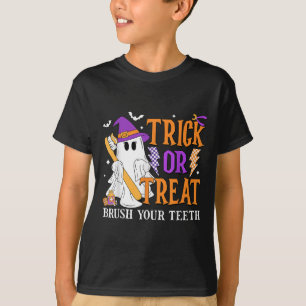 Camiseta Truque Ou Tratar Escove Seus Dentes Cute Ghost Hal