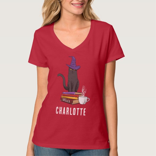 Camiseta Truque Personalizado ou Tratar Bruxas de Gato Negr (Frente)