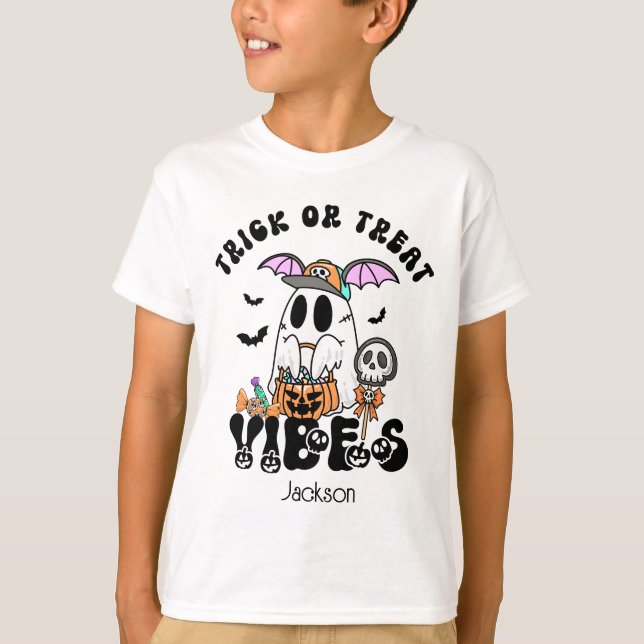 Camiseta Truque Personalizado ou Tratar Vibes em Cuta de Gh (Frente)