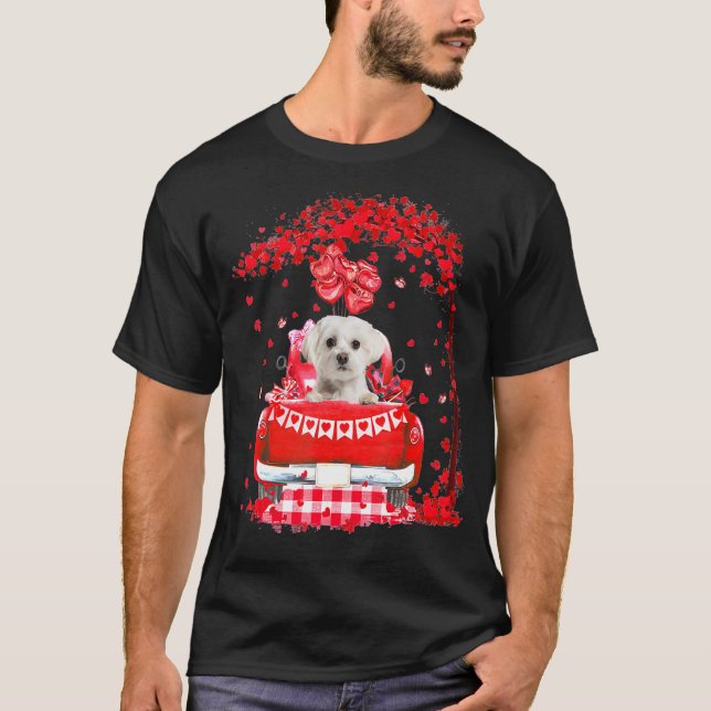 Camiseta Truque Vermelho Cachorro Dia de os namorados Maltê (Frente)